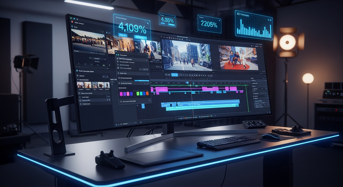 AI video editing software interface with timeline and automated features